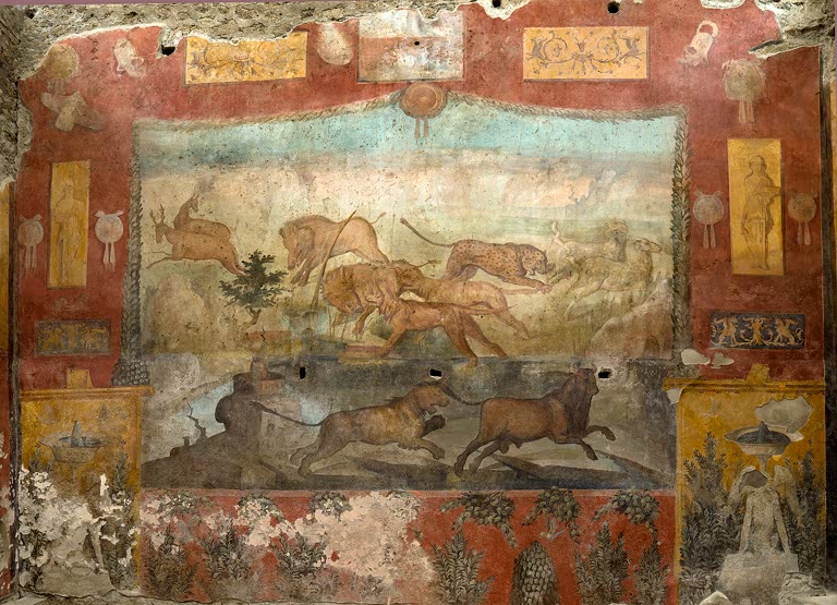 La grande fresque du jardin de la Maison des Ceii à Pompéi / Photo, février 2021