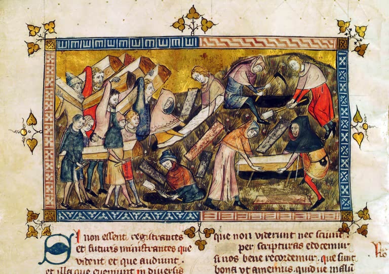 La Peste à Tournai en 1349, Enterrement de victimes de la peste / Miniature, 14e siècle