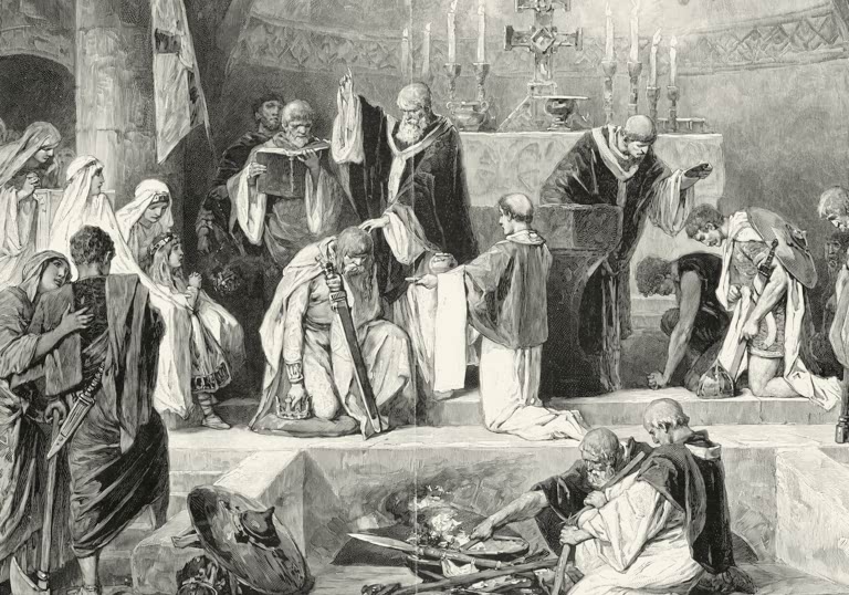 Baptême de Clovis / Gravure sur bois d'ap. Zick