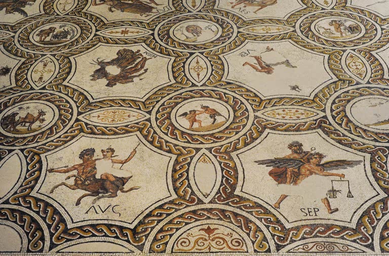 Roman mosaic of the seasons and months. 3rd century AD. Detail. Depiction of the months of August and September. From Hellin (Albacete province, Castile-La Mancha, Spain).